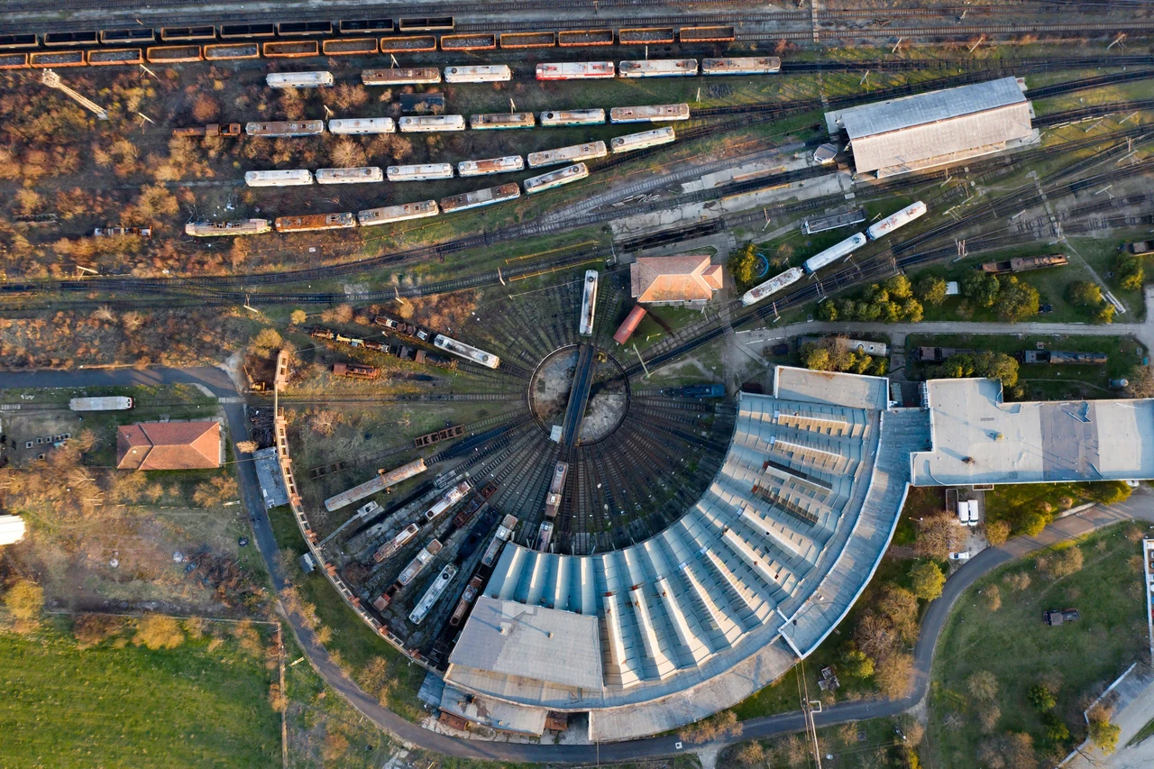Aerial view of a rail yard