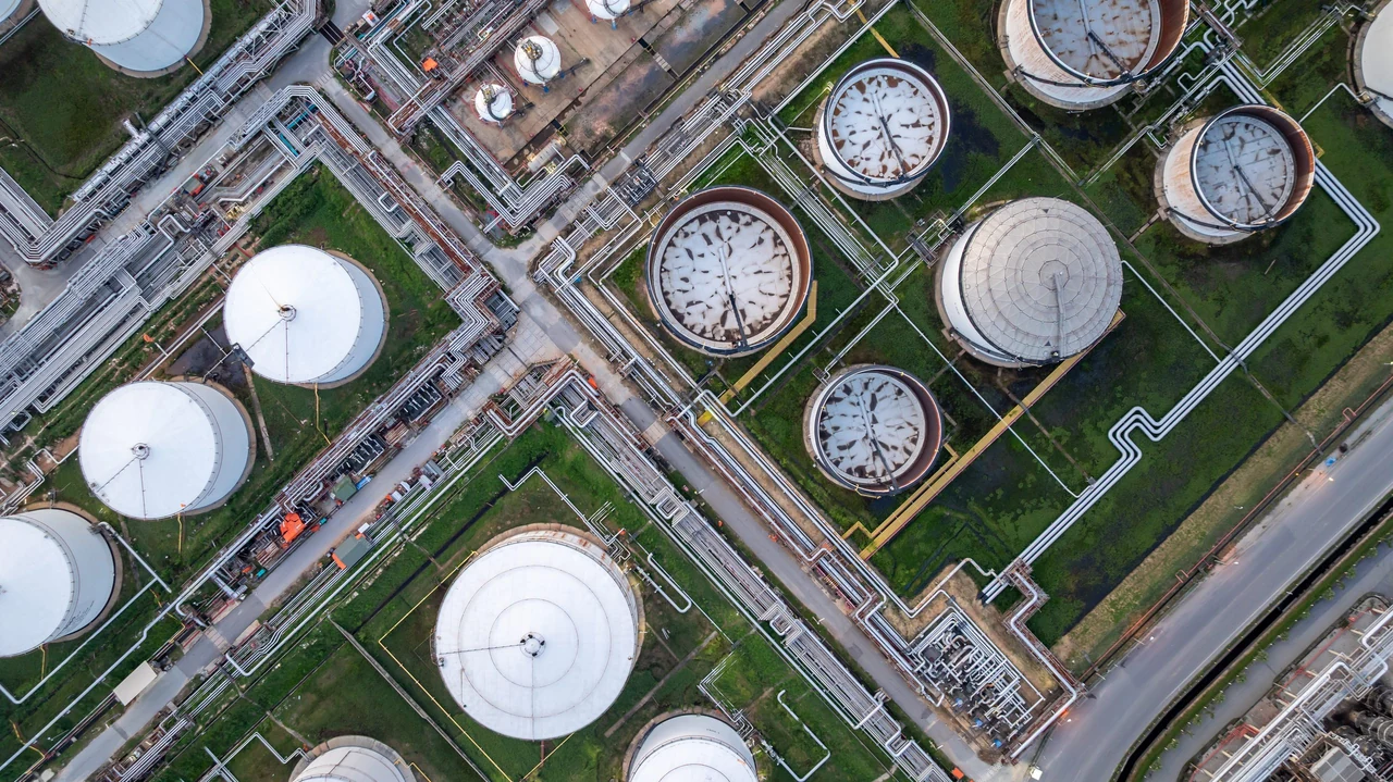 Aerial view of a tank farm