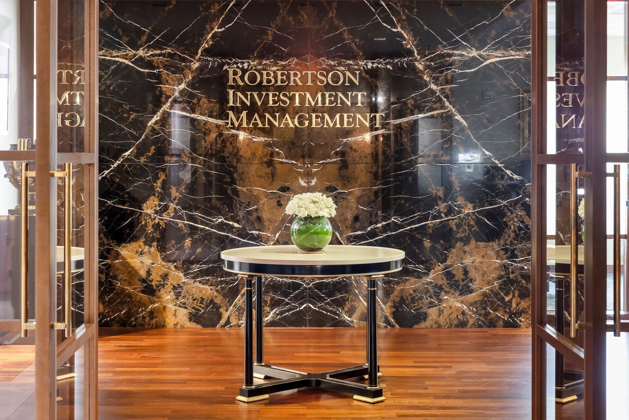 Robertson lobby with the marble logo wall