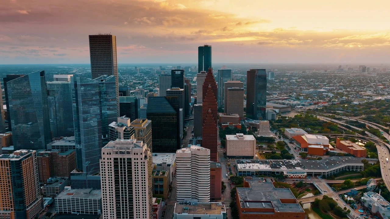 Aerial view of downtown Houston at sunset